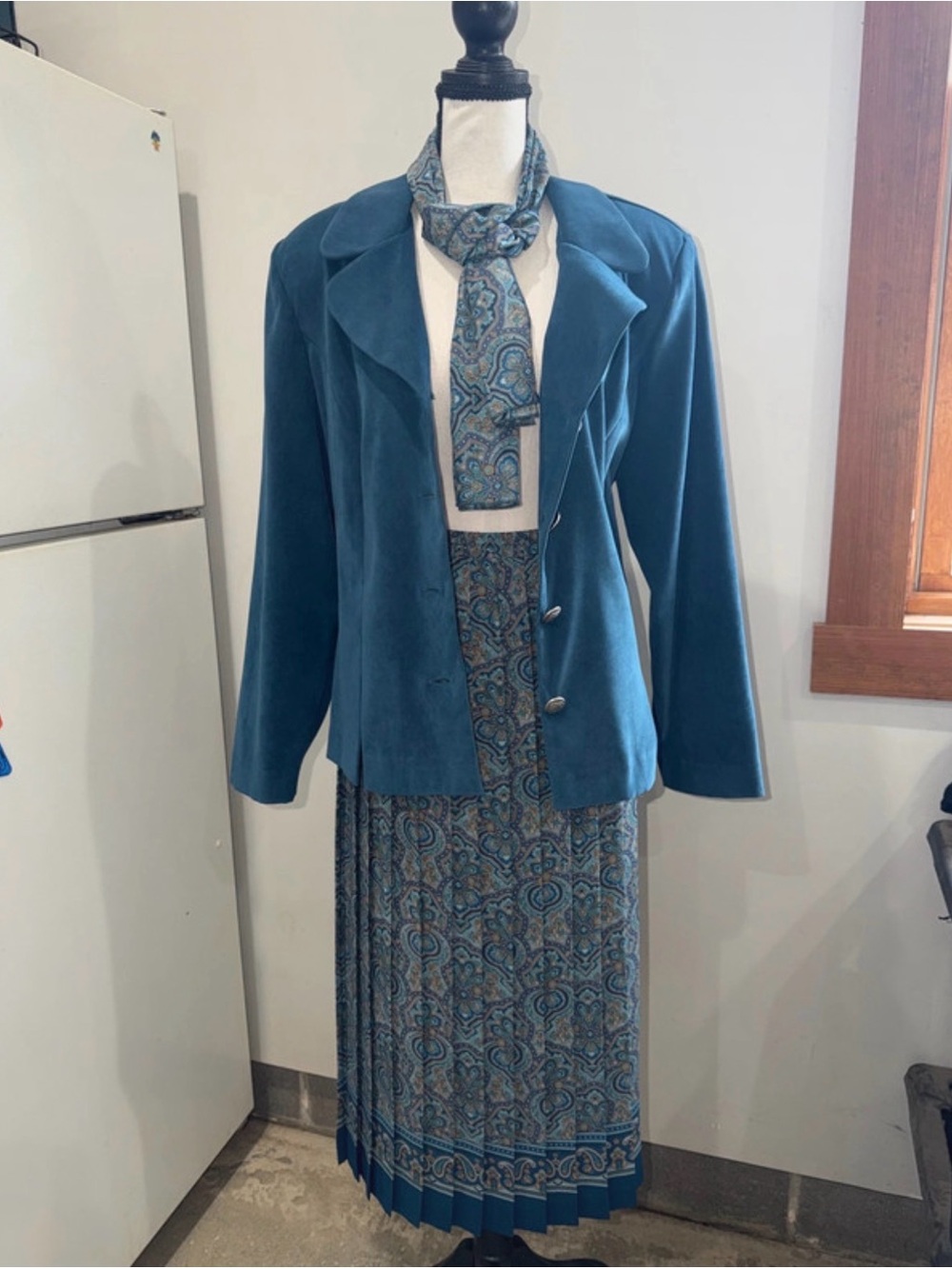 Leslie Fay Teal Blue Skirt Suit with Paisley Scarf